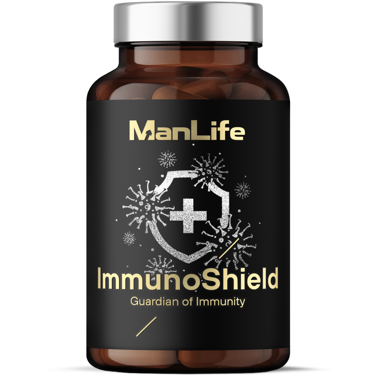 ManLife ImmunoShield suplement diety w kapsułkach wspierający odporność, opakowanie brązowa butelka z czarną etykietą i srebrną nakrętką.