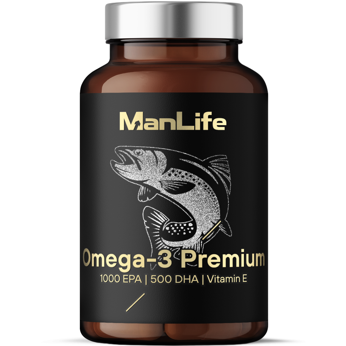 ManLife Omega-3 Premium kapsułki z olejem rybim, 1000 EPA, 500 DHA, witamina E, suplement diety dla mężczyzn w brązowej butelce z czarną etykietą.