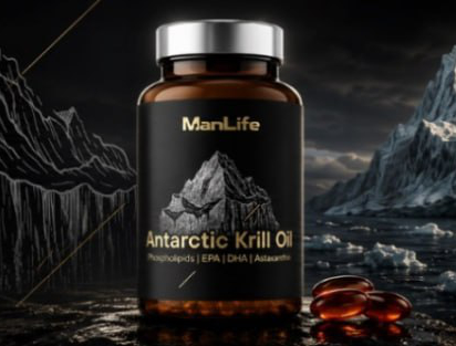 ManLife Antarctic Krill Oil w kapsułkach, suplement diety z fosfolipidami, EPA, DHA i astaksantyną, w ciemnej butelce z czarną etykietą i srebrną zakrętką.