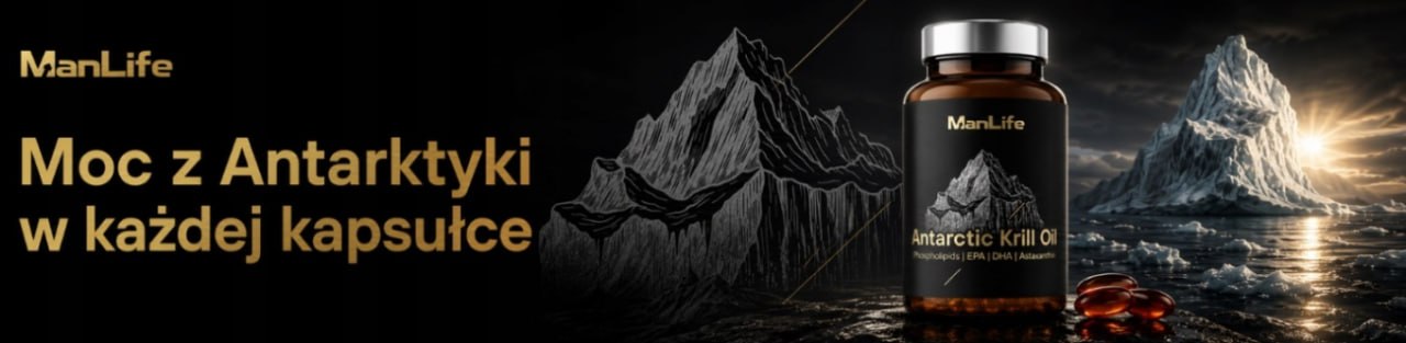 ManLife Antarctic Krill Oil kapsułki z olejem kryla antarktycznego, suplement diety wspierający zdrowie, opakowanie brązowa butelka z czarną etykietą i grafiką góry lodowej.